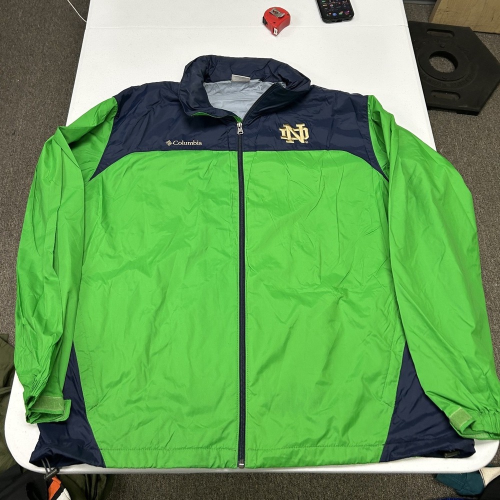 Columbia Windbreaker Mens XL Green Navy Notre Dame Fighting Irish Zip Jacket